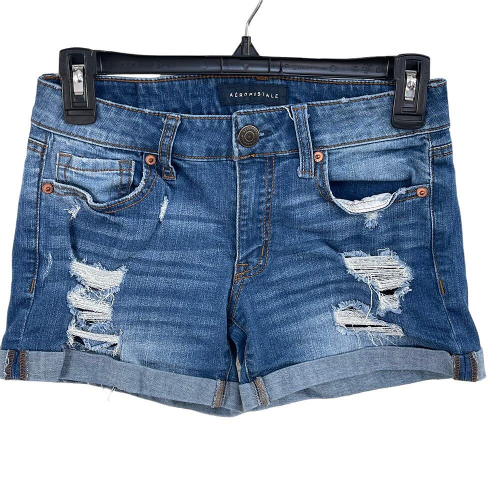 Aeropostale SZ 2 MIDI Jean Shorts Distressed Cuffed Stretch Low-Rise Whiskered